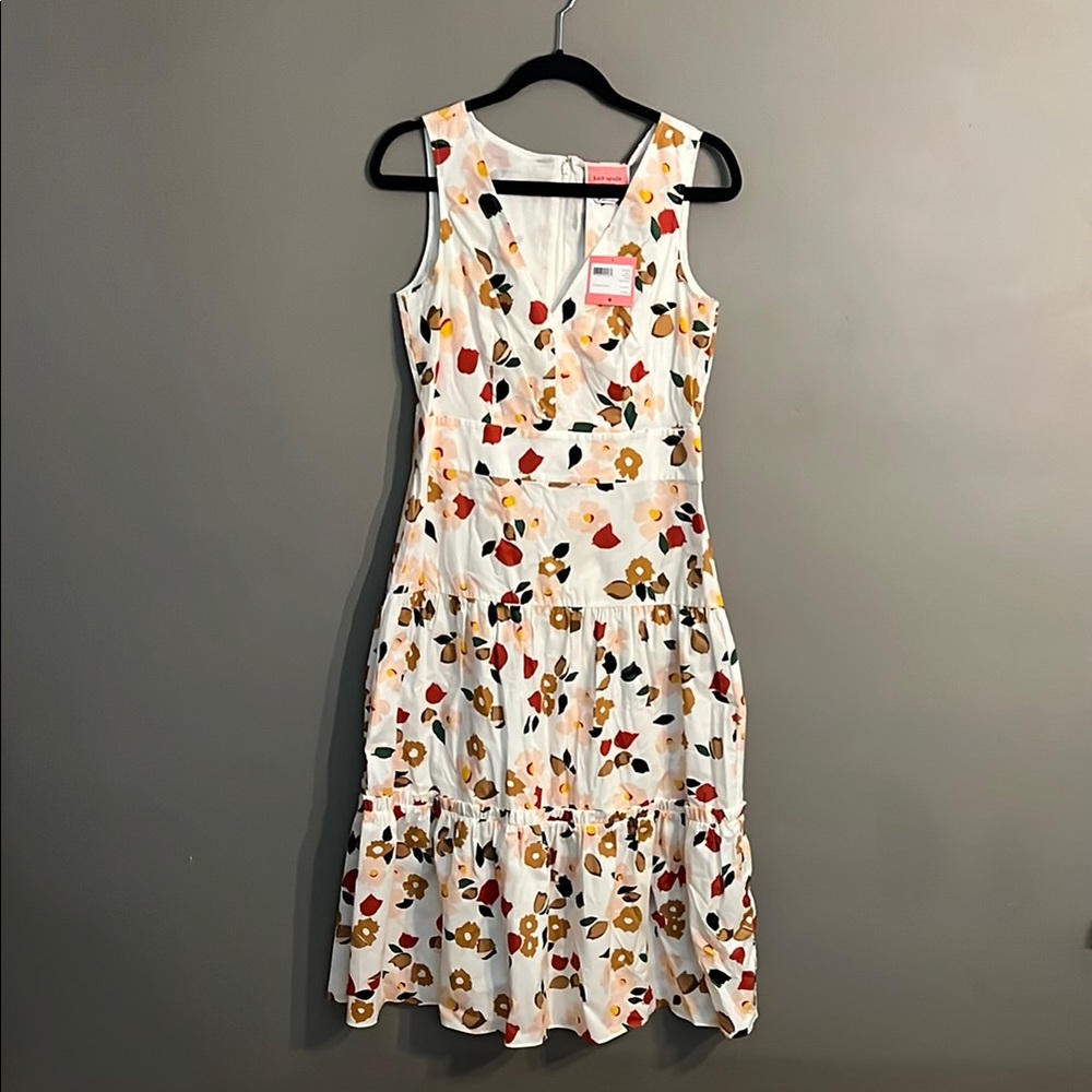 kate spade White Floral Midi Dress with Red and Mustard Accents